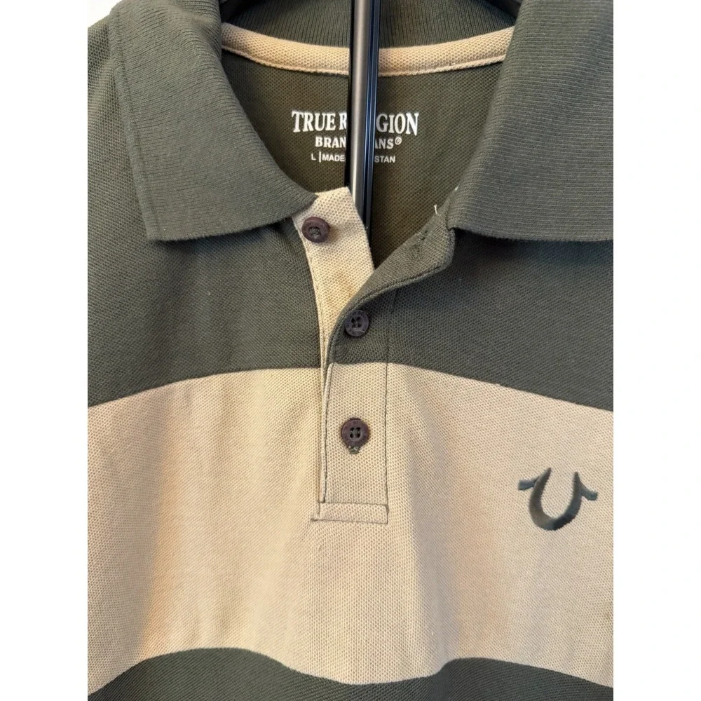 TRUE RELIGION Polo Shirt Mens Size L Green/ Beige